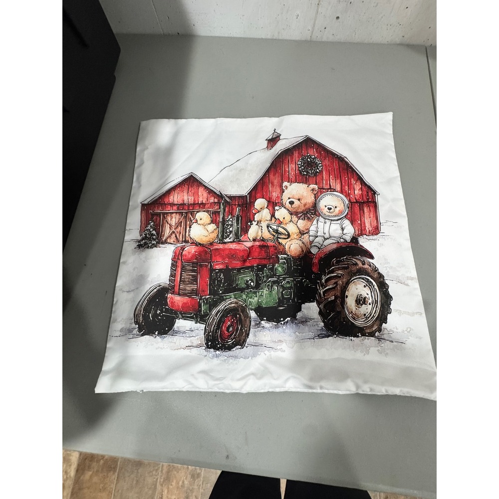 Christmas Farmhouse Teddy Bear Tractor Barn Throw‎ Pillow Cover 18x18 Red White